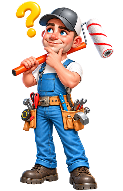Chuck's Pro Painting mascot holding a paint roller next to a list of frequently asked questions