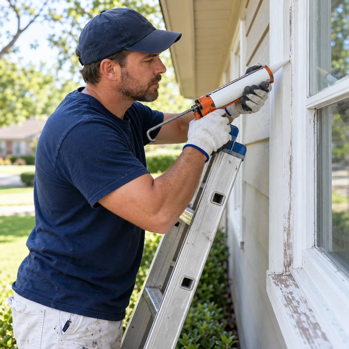 Painter prepping exterior trim before painting