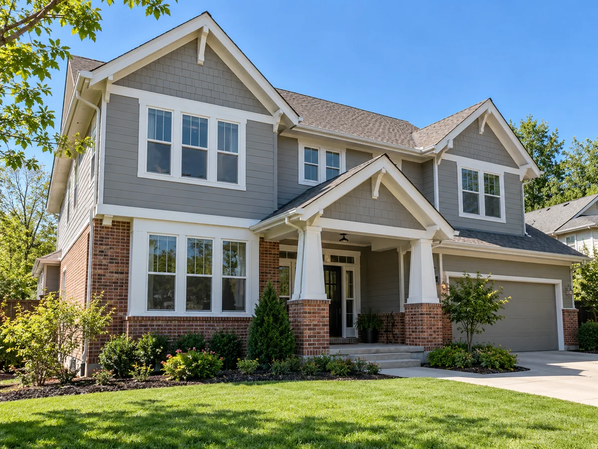 Two-story home with freshly painted gray siding and white trim