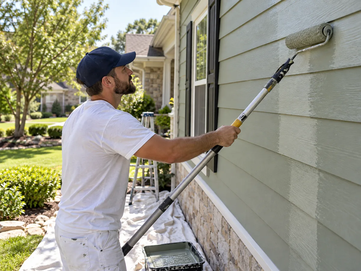 Painter rolling paint onto house siding