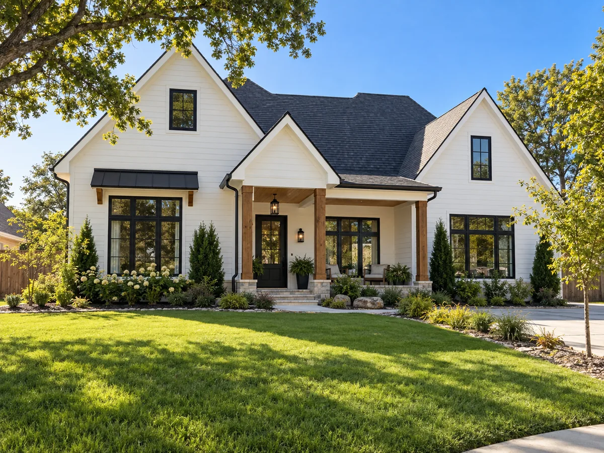 Farmhouse-style home with fresh white paint and black trim