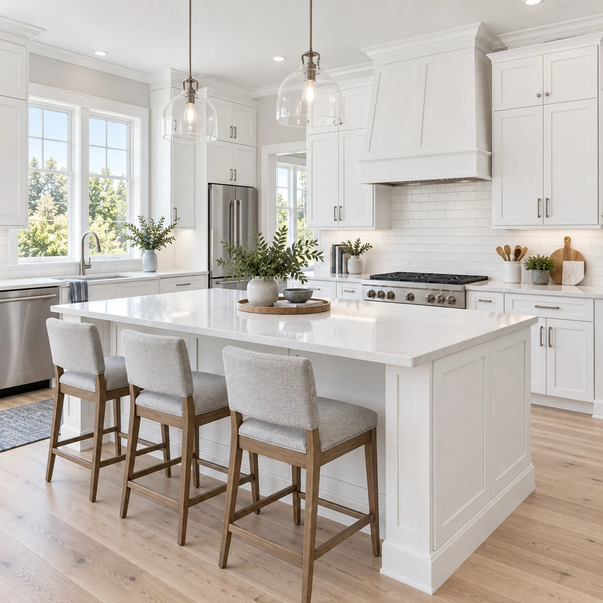 Kitchen with freshly painted white cabinets