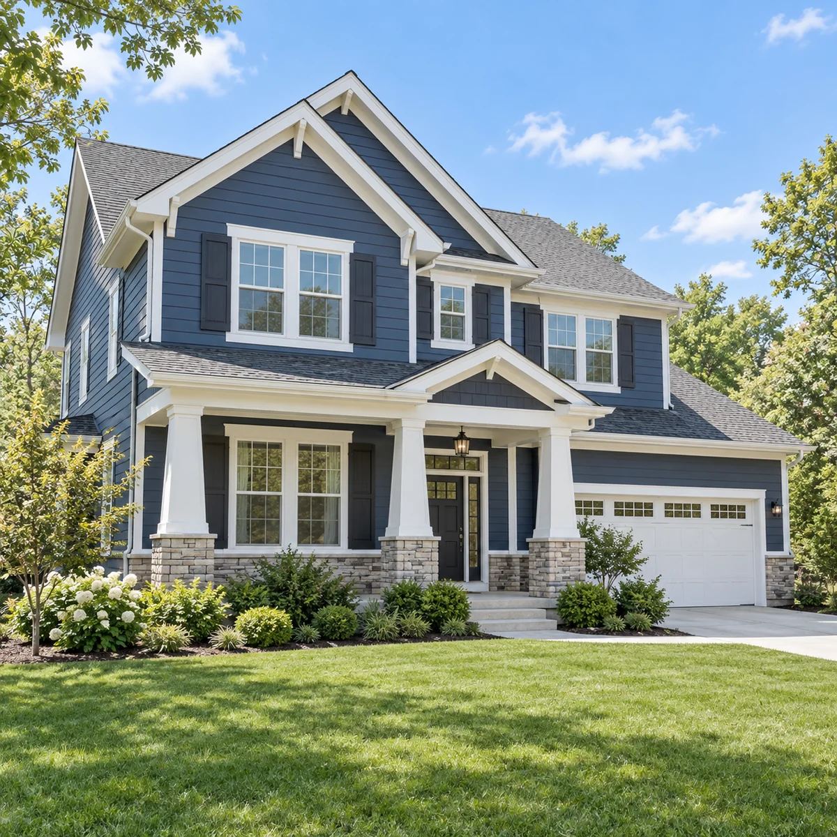 Freshly painted navy house exterior with white trim