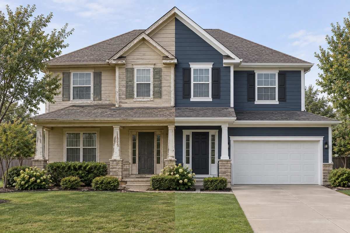 Example before and after of a two-story home exterior repainted navy with white trim