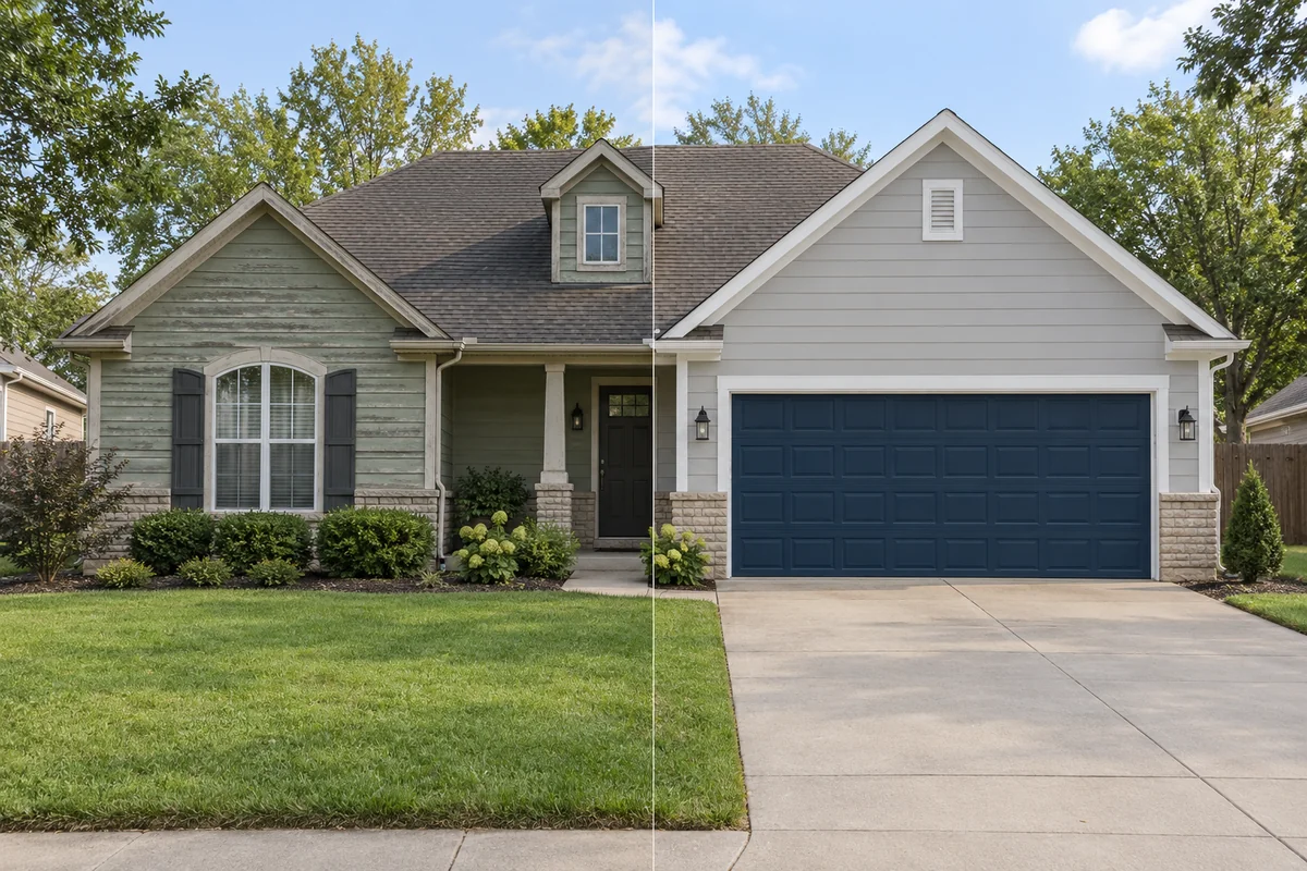 Example before and after of a home exterior repainted light gray with a navy garage door