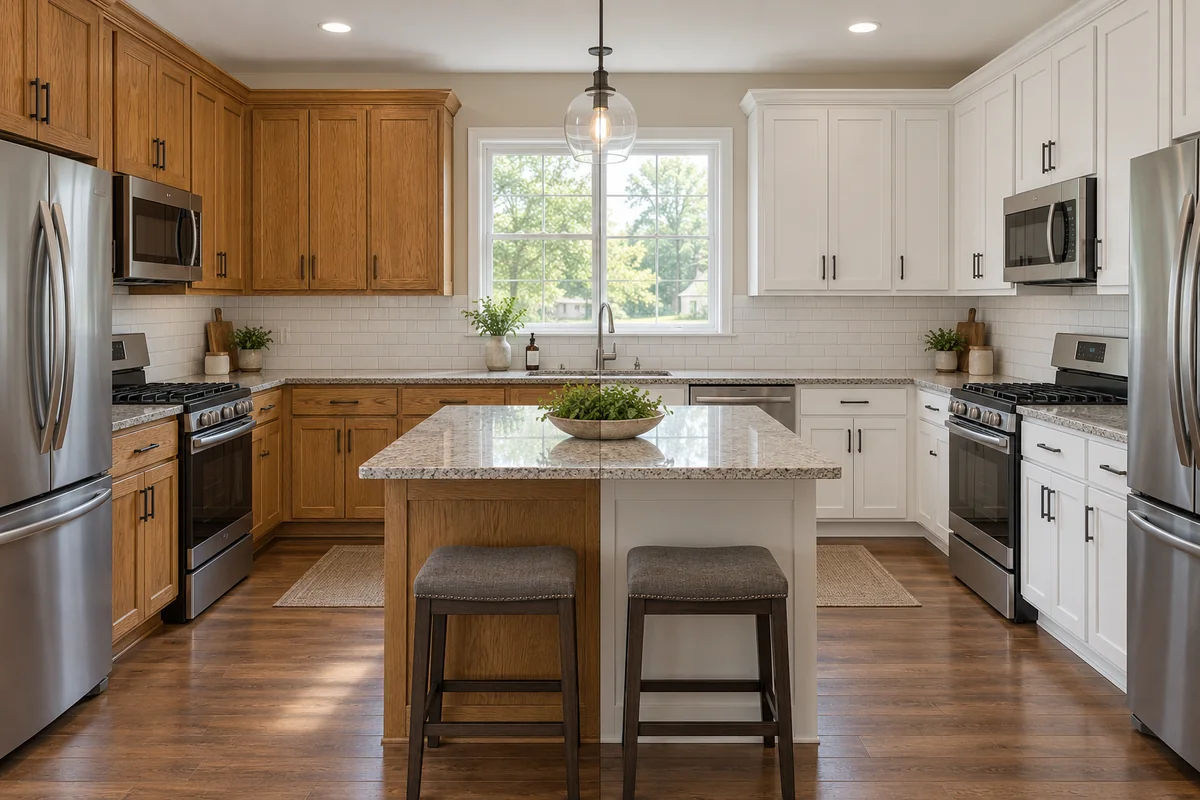 Example before and after of oak kitchen cabinets painted white